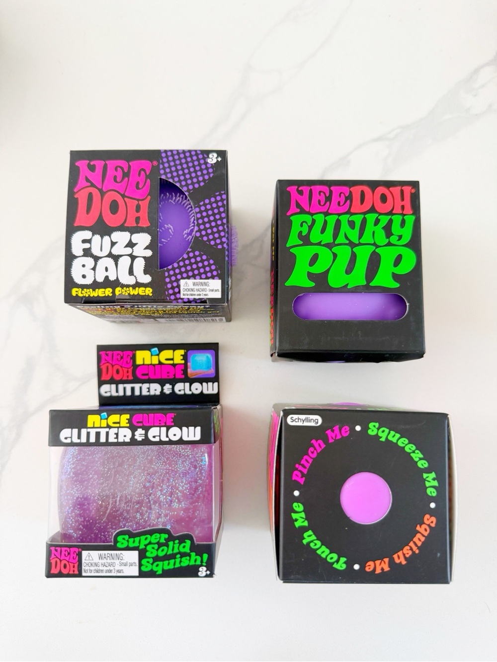 NeeDoh PURPLE Squishy Set of 4 💜 Funky Pup, Fuzz Ball, Groovy Glob, Glitter Cube
